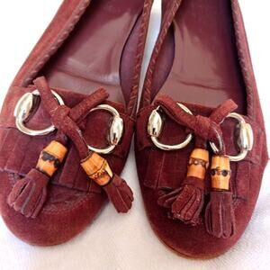 Gucci Horsebit Loafers Suede Leather Flats Sz 6.5 Brown Bamboo Tassel has Flaw